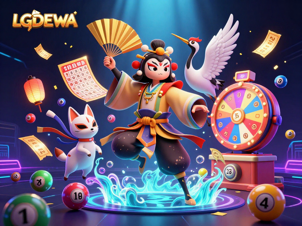 LGODEWA casino illustration featuring kabuki warrior and kitsune mask in a vibrant gambling scene.