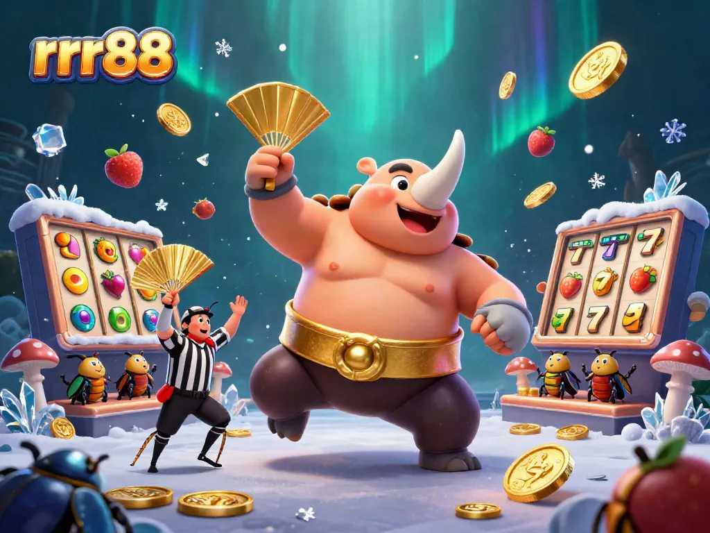 Experience thrilling gameplay with rrr88 as a rhinoceros beetle sumo champion celebrates with flying coins, showcasing a vibrant casino scene.