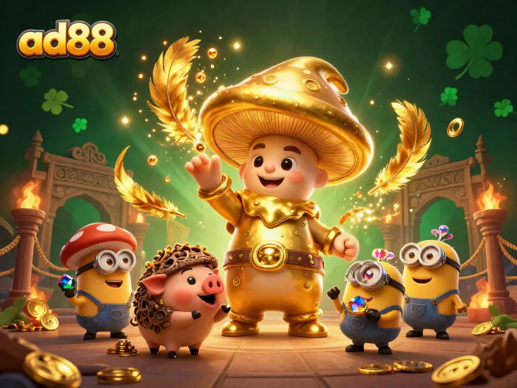 Engage with ad88’s magical gaming experience featuring a whimsical wizard and treasure-hunting pig.