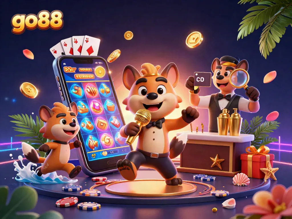 Experience the excitement of go88 with a lively illustration of hyenas in a casino scene, featuring games and golden rewards.