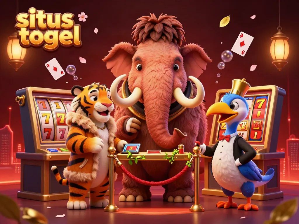 Experience the vibrant world of situs togel with a cartoon woolly mammoth bouncer and VIP guests in a lively casino scene.