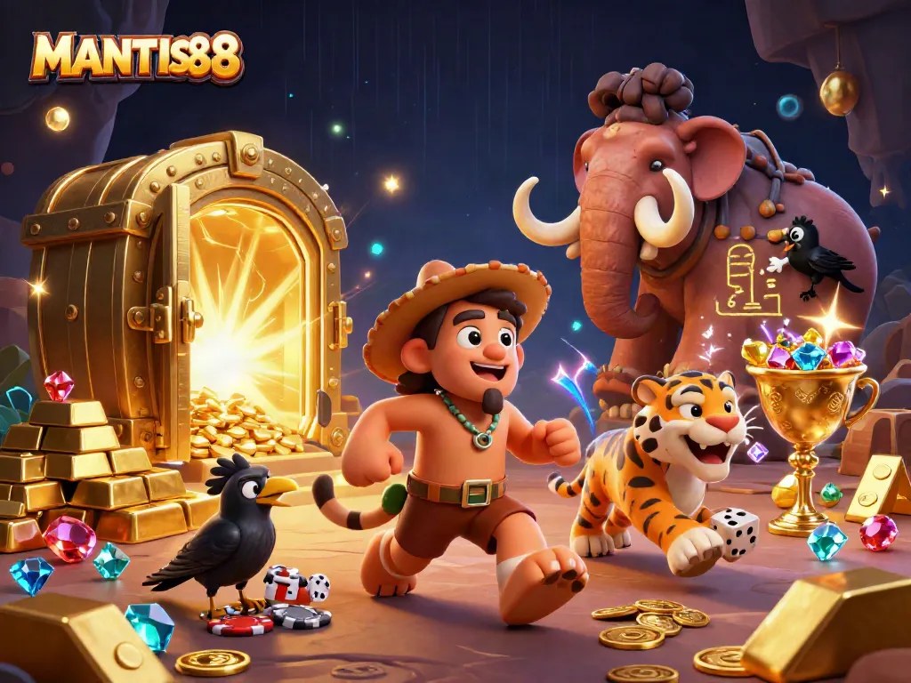 MANTIS88 offers an exciting prehistoric casino experience with a caveman, sabertooth tiger, and a clever crow, surrounded by treasures and golden light.