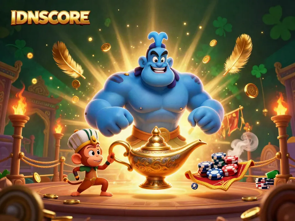 IDNSCORE casino scene with a genie, monkey, and magic carpet amid casino elements.