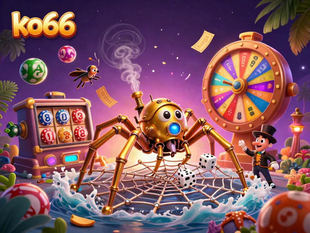 Win exciting slots at ko66 with this vibrant 3D illustration of golden spider and games.