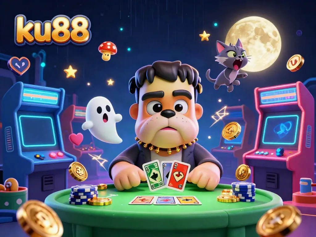ku88 thrilling casino scene with cartoon characters, vibrant game machines, and neon effects.