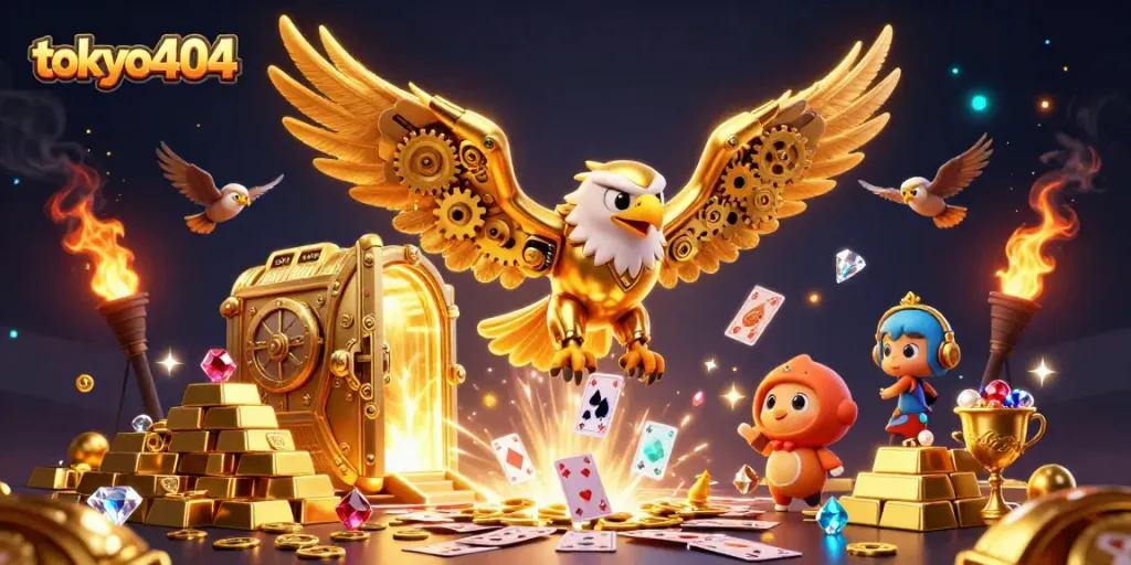 Experience thrilling gaming with tokyo404’s vibrant 3D illustration of a golden eagle navigating a treasure-filled realm.