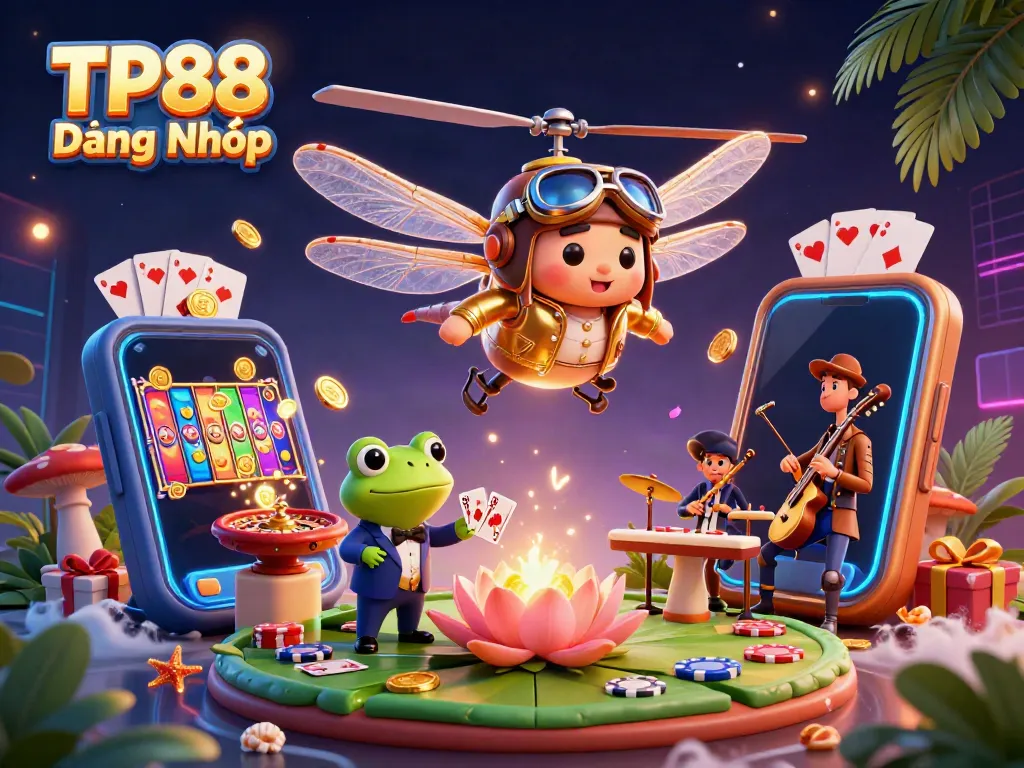 Play exciting casino games with TP88 Đăng Nhập in a vibrant 3D digital illustration.