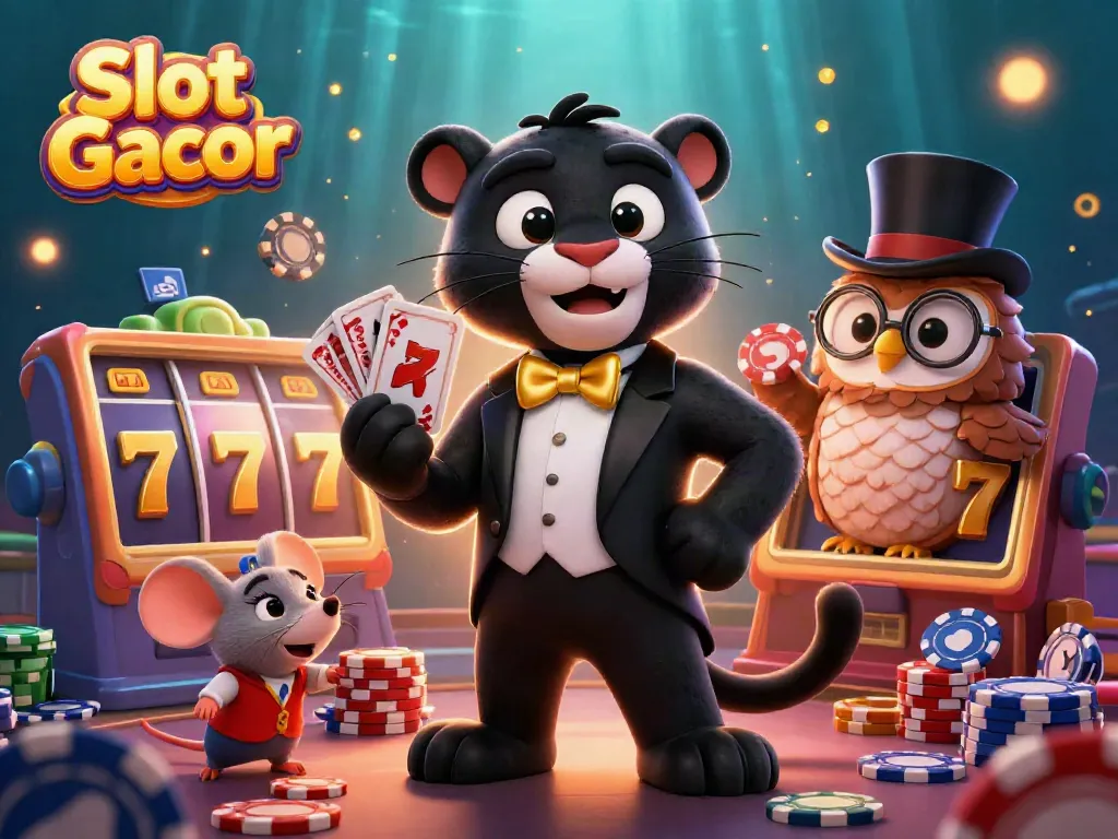 Experience Slot Gacor excitement with a stylish panther dealer, charming owl, and lucky mouse amidst vibrant slot elements.