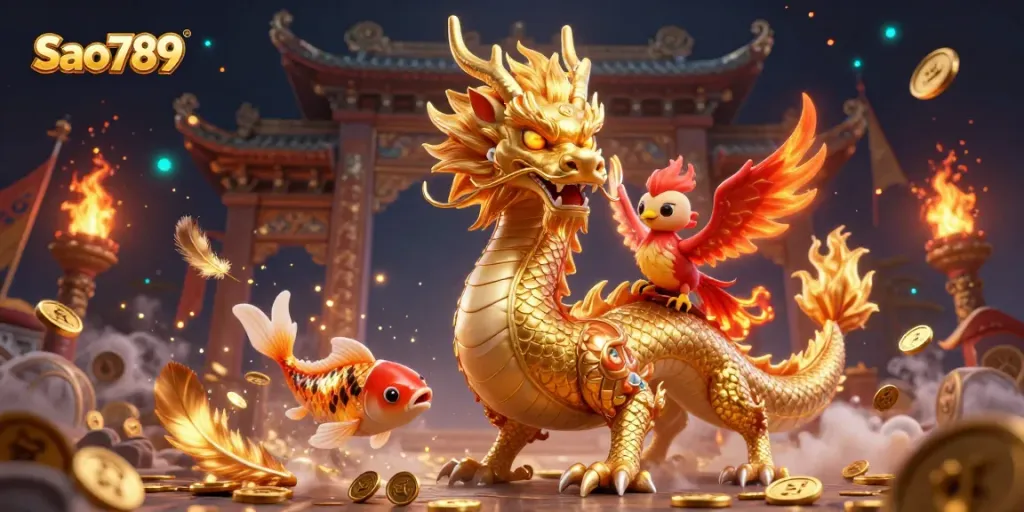 Sao789 features a fierce dragon with a phoenix and koi fish amid gold coins, showcasing an enchanting 3D casino scene.