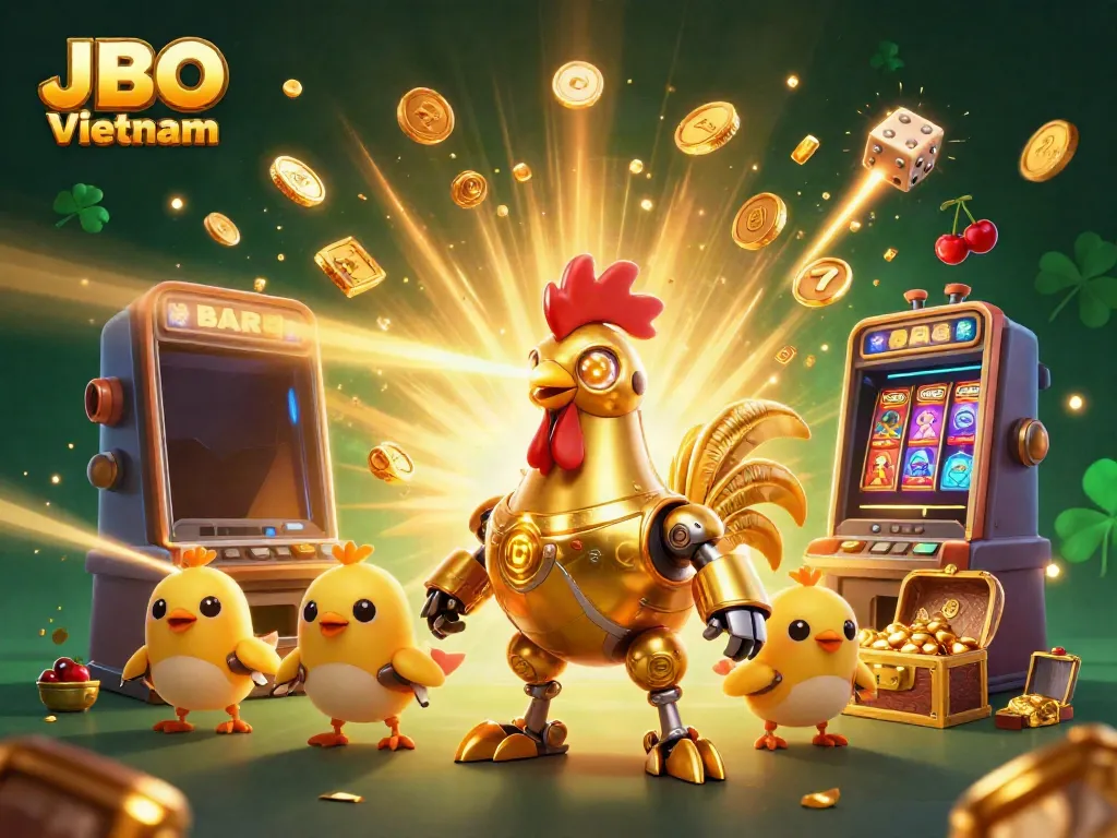 Engage in thrilling gameplay with JBO Vietnam's vibrant 3D illustration featuring a golden rooster robot and slot machine spectacle.