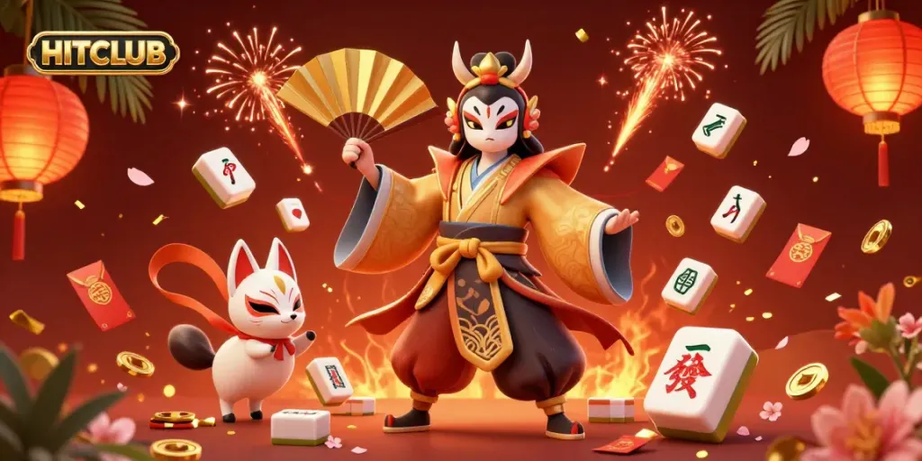 Hitclub showcases a vibrant gaming scene with kabuki warrior and kitsune figures amidst festive decorations.
