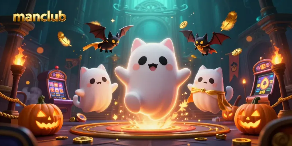 Experience the thrill at Manclub casino with floating characters and glowing tokens.
