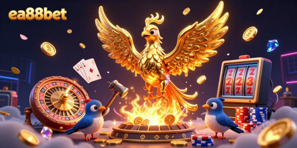 Experience the excitement of ea88bet with a dynamic 3D scene featuring a molten phoenix and rich casino elements.