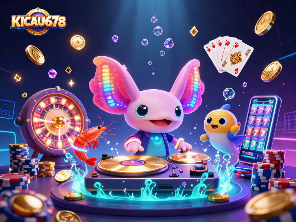 KICAU678 showcases an energetic underwater casino scene with a neon axolotl DJ spinning records.