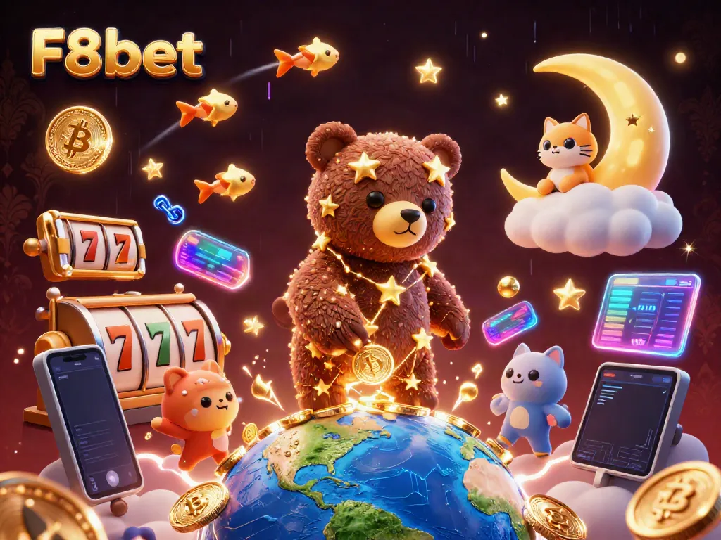 Experience gaming with F8bet's exciting slots and jackpot counters in an imaginative 3D scene.