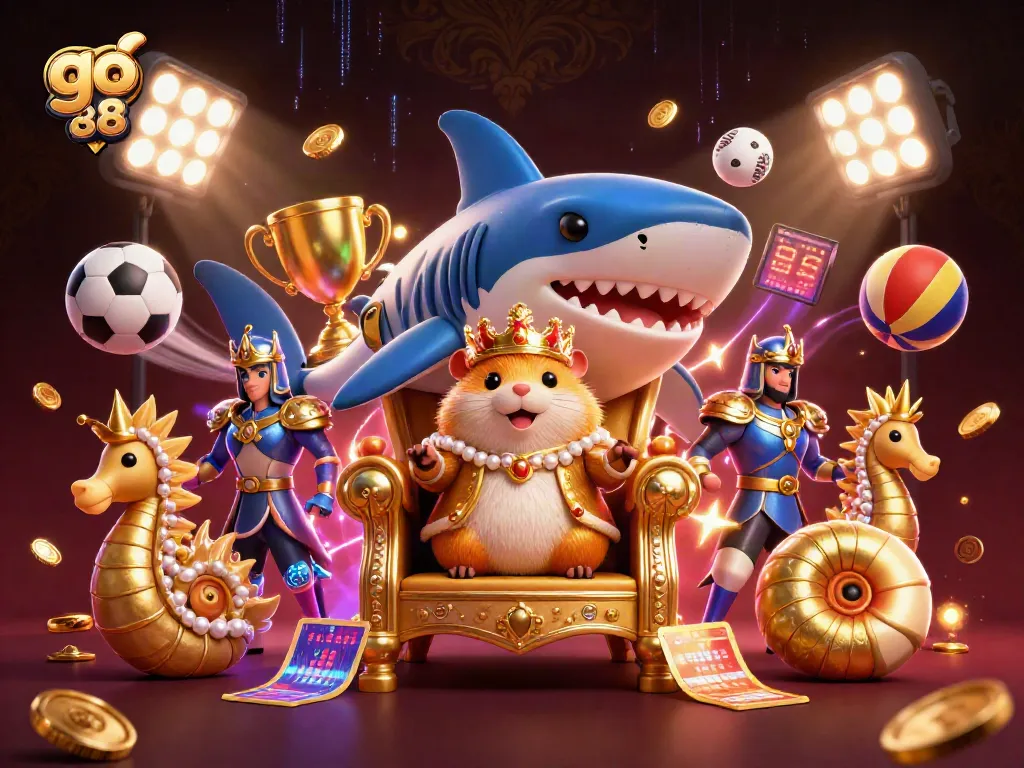 Experience go 88's vibrant energy with a dynamic illustration featuring a golden hamster king and sports-themed elements.