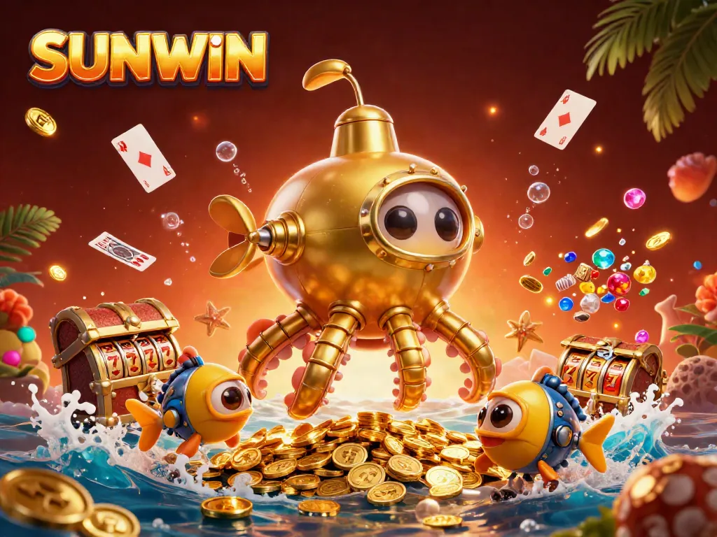 Experience thrilling action at SUNWIN with a vibrant underwater casino scene featuring a golden kraken and mechanical fish.