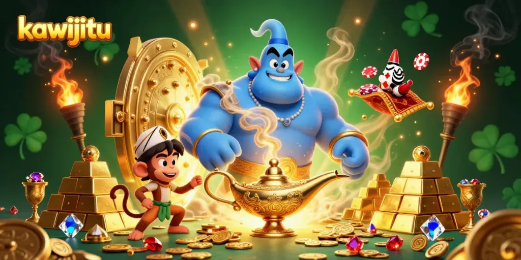 Experience thrilling adventures as the kawijitu genie reveals treasures, surrounded by gold and dazzling gems.