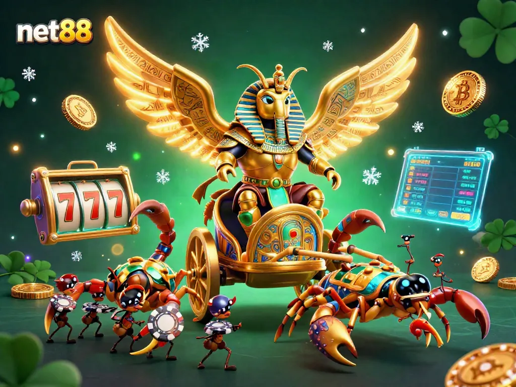 Engage in thrilling gaming with net88's colossal golden scarab in a vibrant casino scene filled with coins and slot reels.