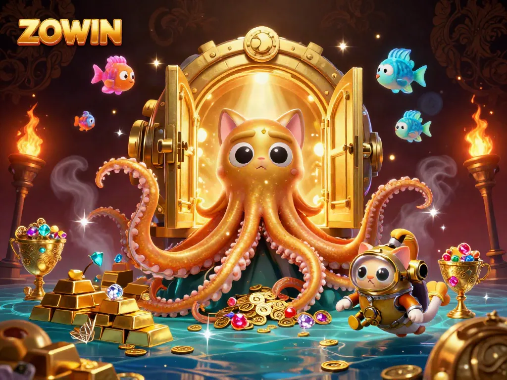 ZOWIN brings excitement with a colossal kraken, diving cat, and treasures in a vibrant casino-themed scene