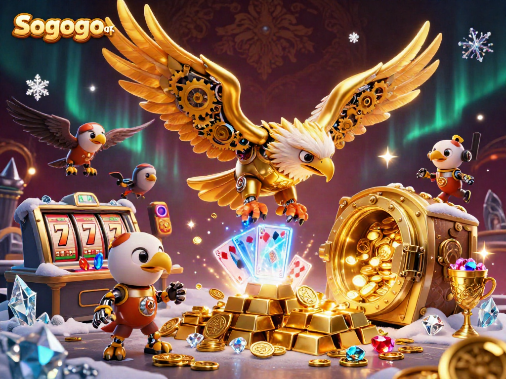 Sogogo apk showcases a 3D cartoon golden eagle soaring through a vibrant casino scene filled with slot reels and treasures.