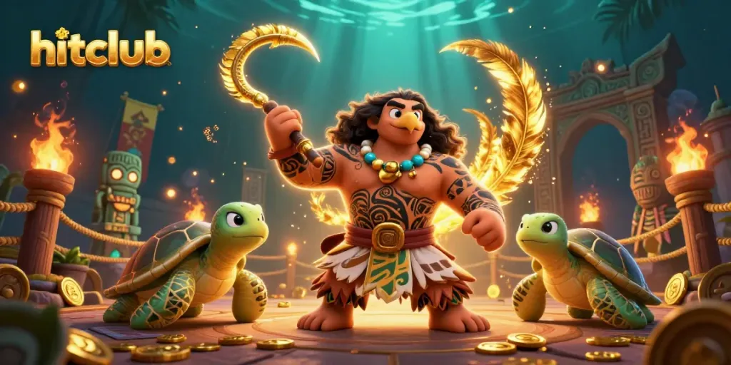 Experience the vibrant energy of hitclub with a 3D illustration featuring tribal characters and dynamic casino elements.