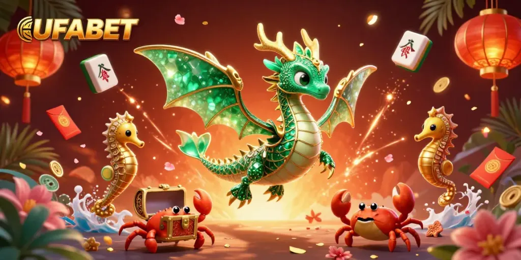 Experience thrilling gameplay with UFABET, featuring a dynamic fantasy scene of a sea dragon and treasures.