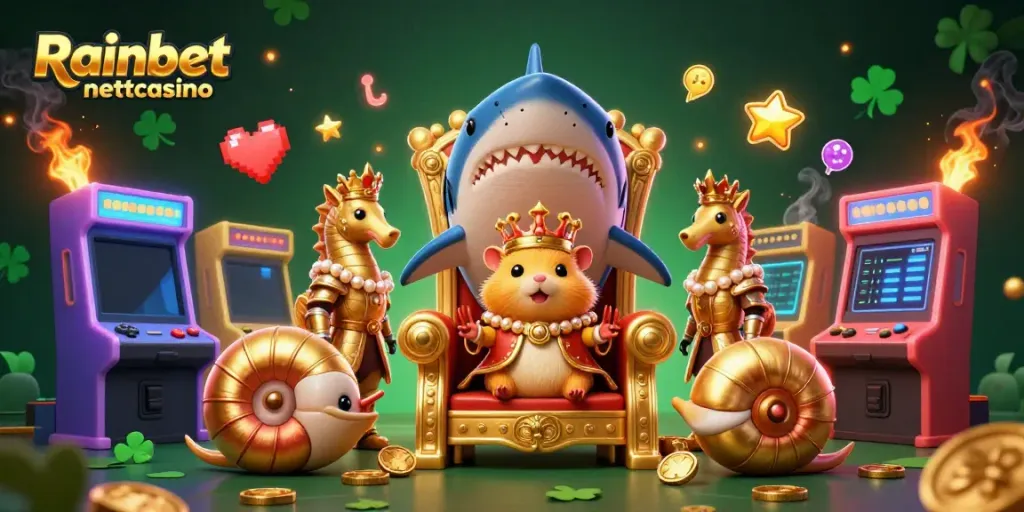 Spill og vinn med Rainbet nettcasino, med en eventyrlig hamsterkonge og fargerike spillmaskiner.