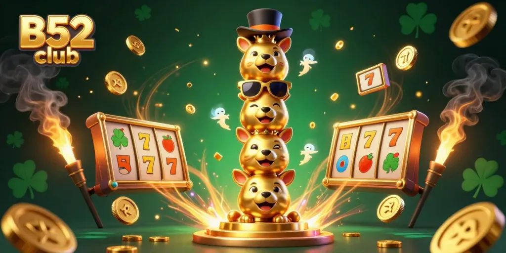 Experience dynamic gaming action at B52 club with vibrant slot elements and animated characters.