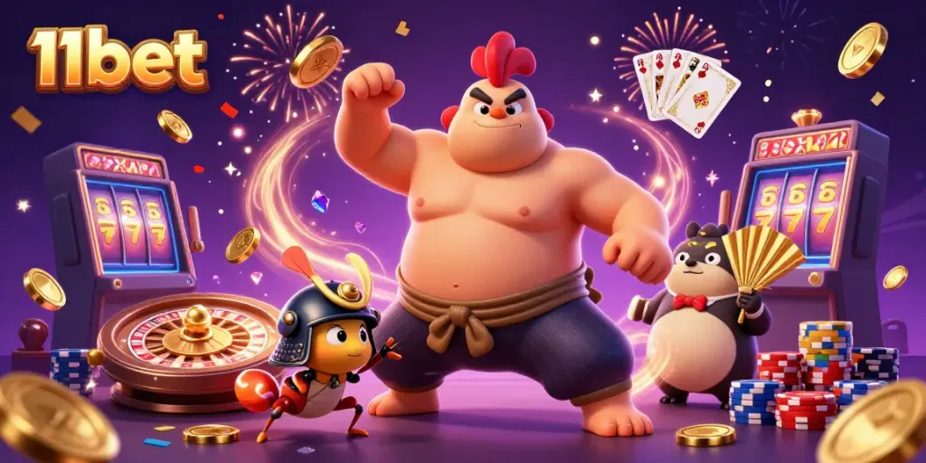 Experience fast-paced action and winning excitement at 11bet with vibrant casino game elements and characters.