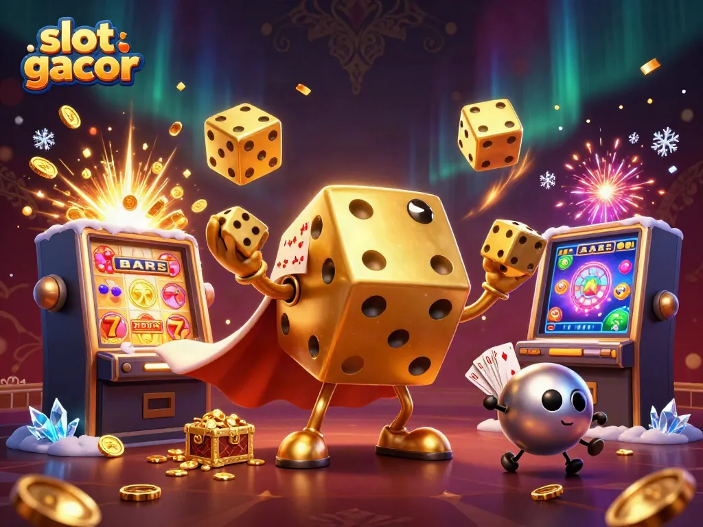 Experience thrills with slot gacor in a vibrant casino setting, featuring golden dice and jackpot magic.