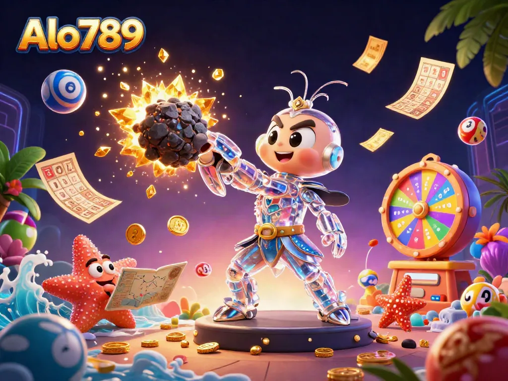 Alo789 showcases a thrilling scene of a galactic mantis shrimp amidst golden treasures, perfect for online gaming.