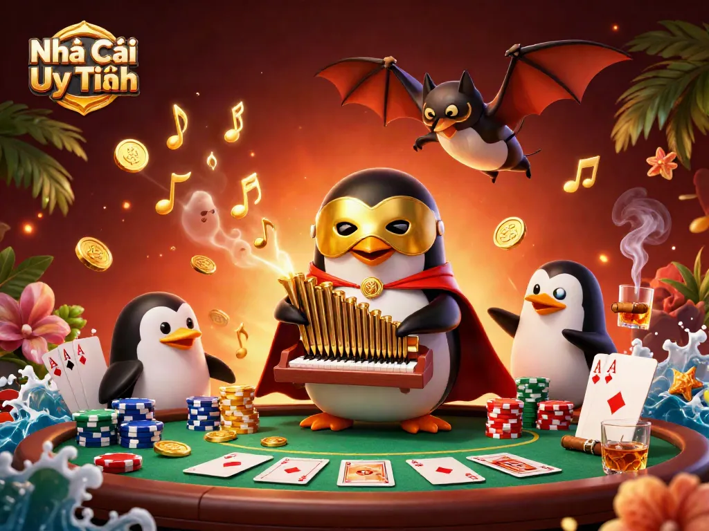 Catch the excitement at Nhà Cái Uy Tín with a phantom penguin playing the pipe organ, blasting golden coins while poker games unfold.