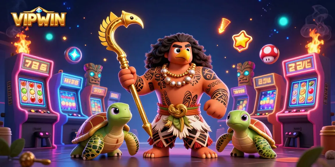 Engage with VIPWIN’s thrilling gaming experience alongside a Polynesian demigod and casino-themed elements.