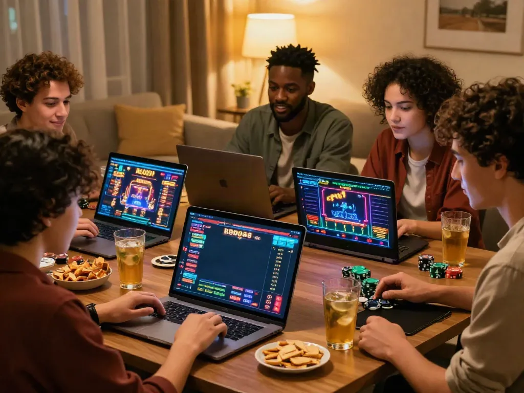Friends enjoying online gambling at RED88, featuring lively game graphics.