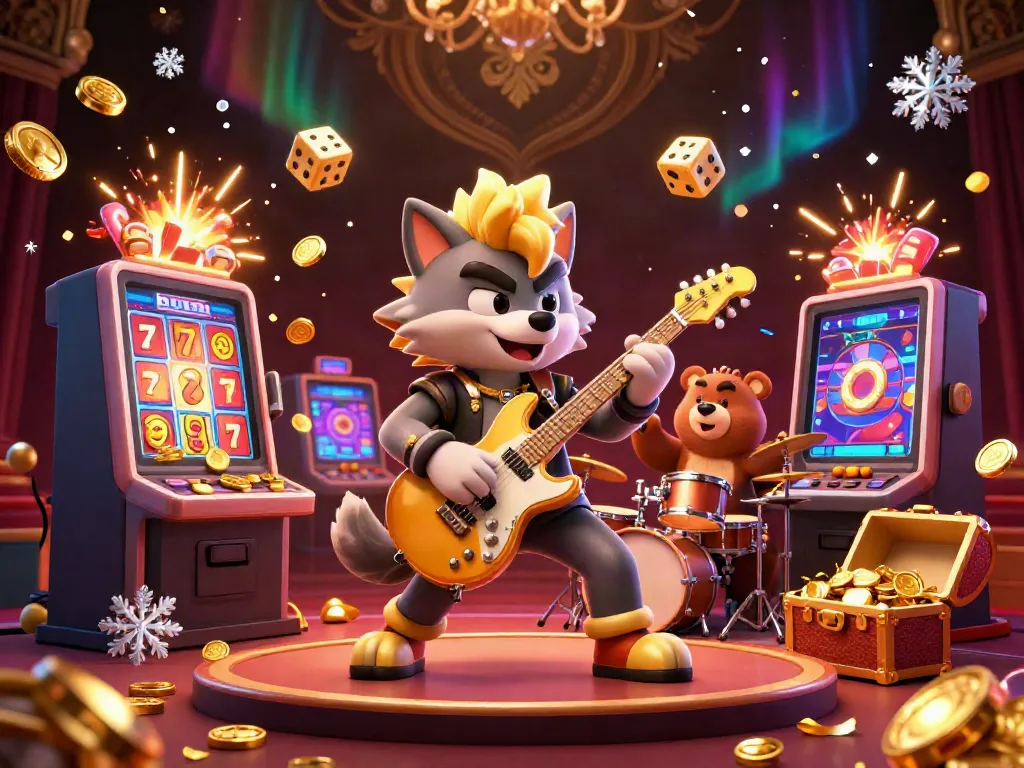 Engage with the excitement at link 188bet through a vibrant casino scene featuring a rock star wolf and drummer bear.