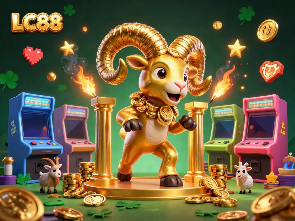 LC88 features a golden ram charging through a casino scene filled with arcade games, coins, and vibrant elements.
