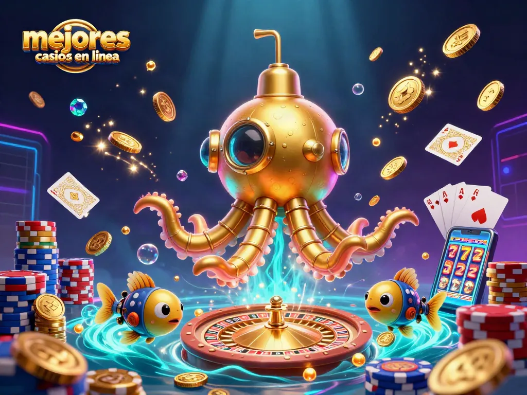 Explora los mejores casinos en línea con esta ilustración vibrante repleta de detalles y acción.