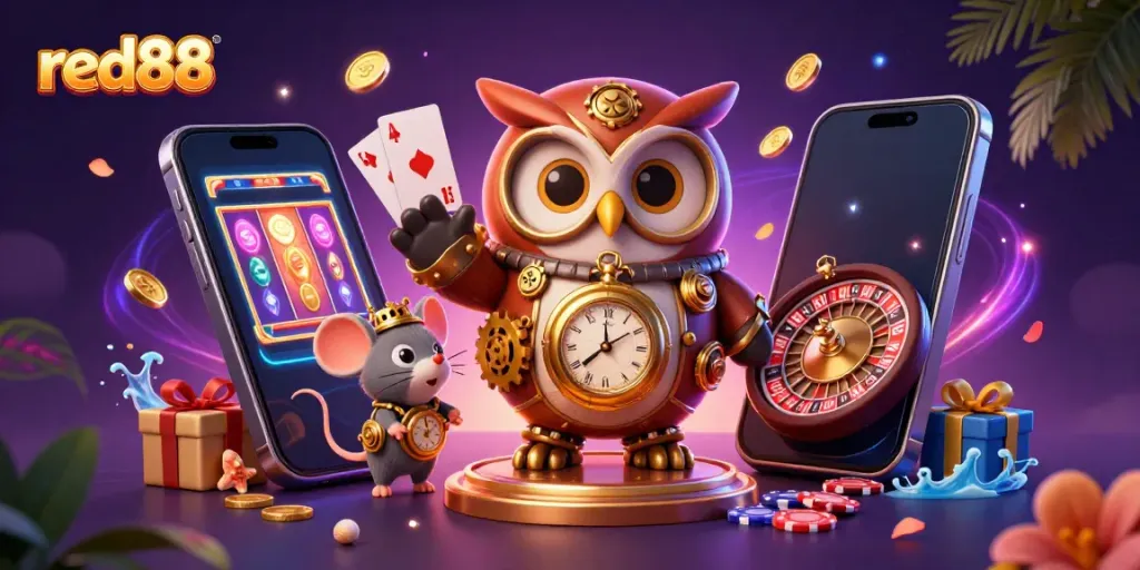 Experience the excitement of red88 with a cartoon time-traveler owl in a vibrant casino scene filled with dynamic gaming elements.