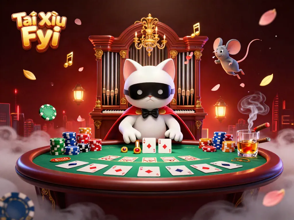 Engaging Tài Xỉu Fyi illustration showcasing a whimsical cat at a casino organ, surrounded by poker elements.