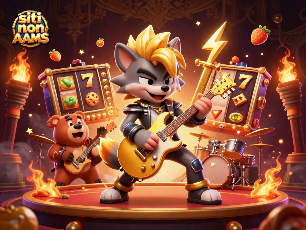 Illustrazione 3D di una rock star lupo e un orso batterista in un casinò, siti non AAMS
