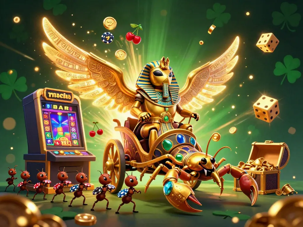 Experience the excitement at manclub's vibrant gaming scene featuring a golden scarab beetle and jackpot elements.