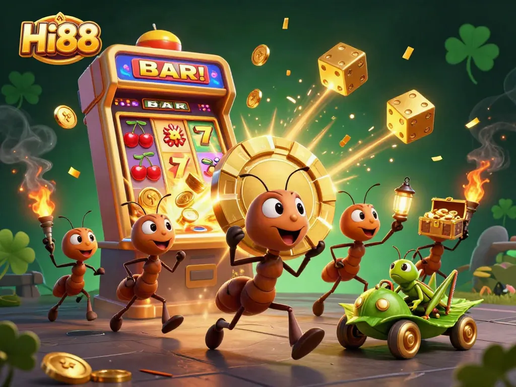 Experience the excitement of Hi88 with a heist scene featuring cartoon ants and vibrant casino elements.
