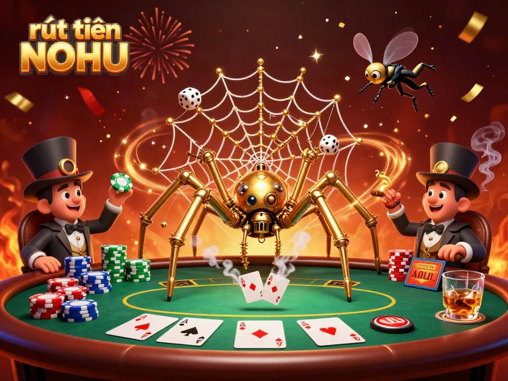 Engage in rút tiền NOHU with a vibrant 3D casino scene featuring a golden spider and poker elements, showcasing fun gaming action.