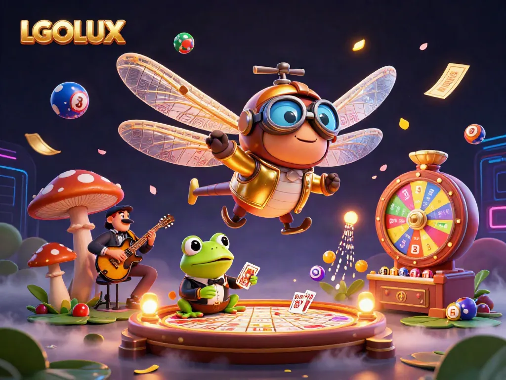 Engage with exciting games at LGOLUX, featuring vibrant casino elements and a lively dragonfly pilot.