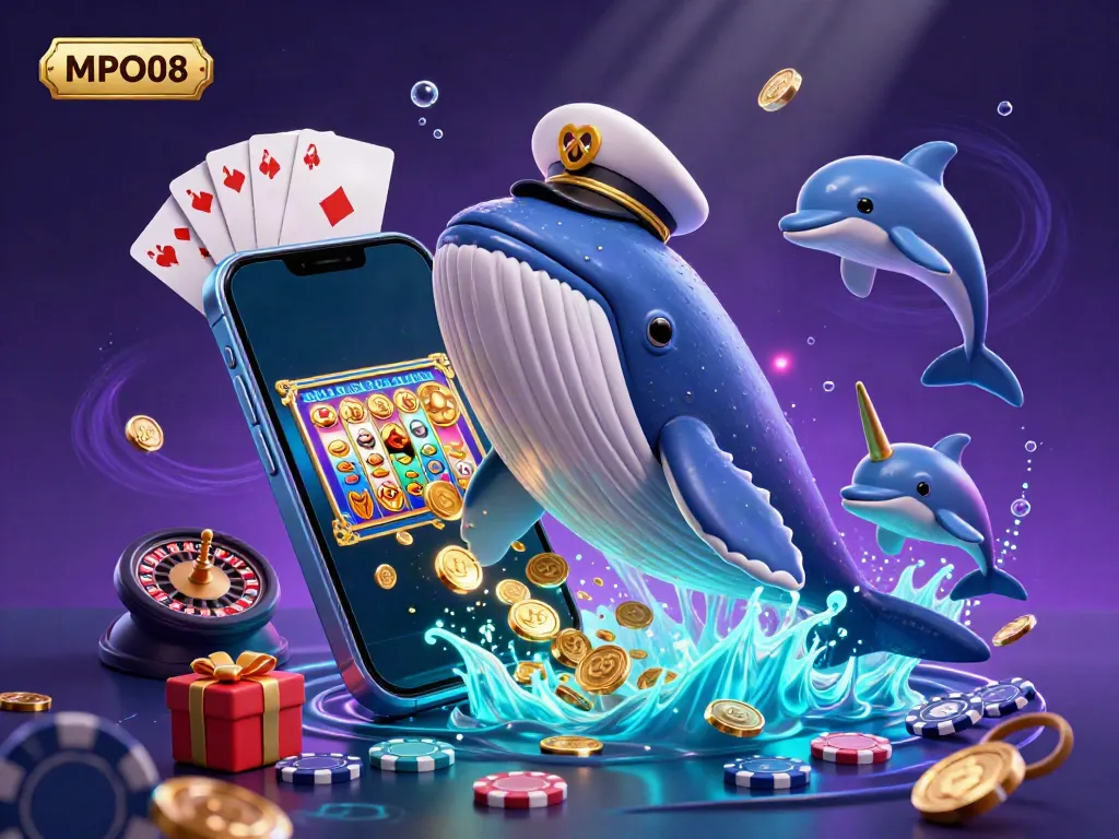 MPO08 showcases a whimsical underwater scene with a whale and dolphins playing with poker chips, stirring excitement.