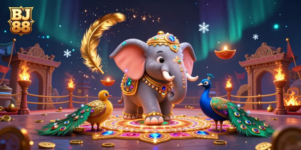 Engage with BJ 88 as colorful characters celebrate in a vibrant casino scene.