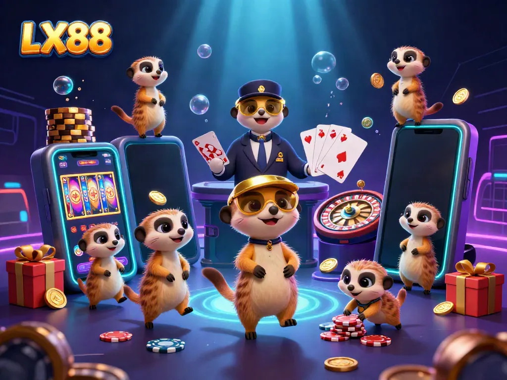 Watch meerkats manage games at LX88 casino, featuring vibrant slot displays and rewards.