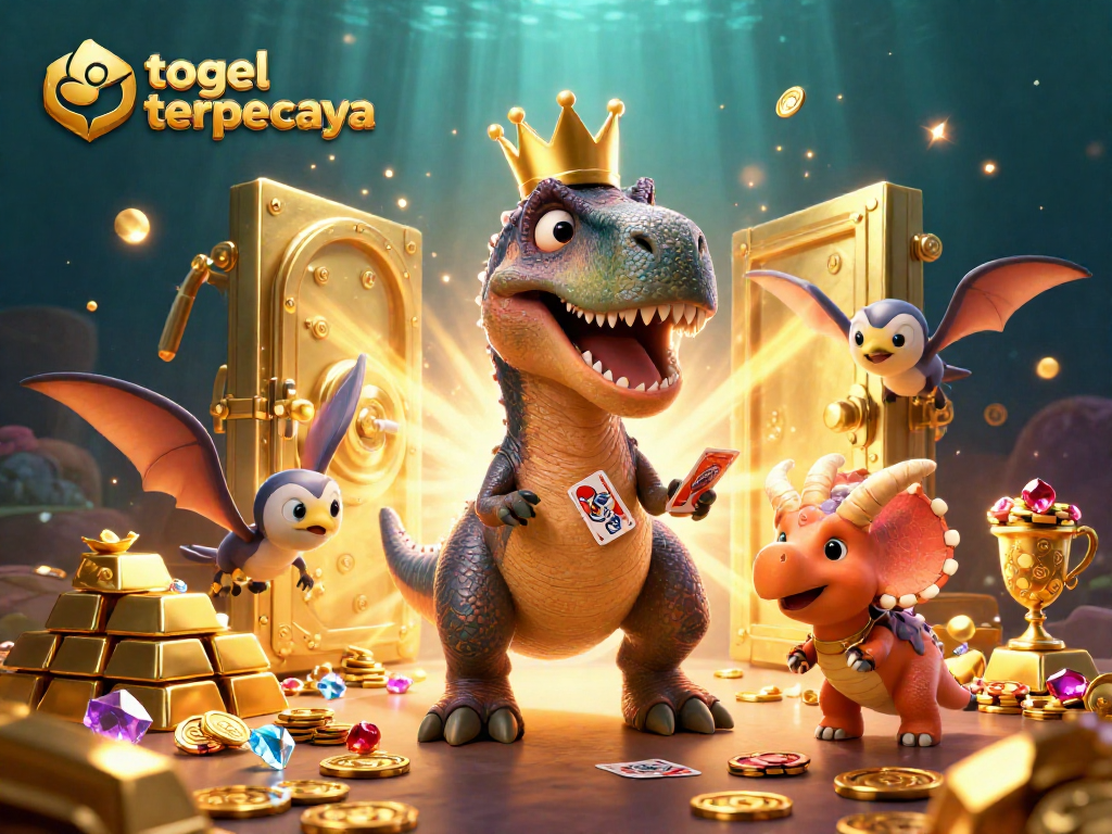 Win big with togel terpercaya in an exciting casino scene featuring a T-Rex and friends.