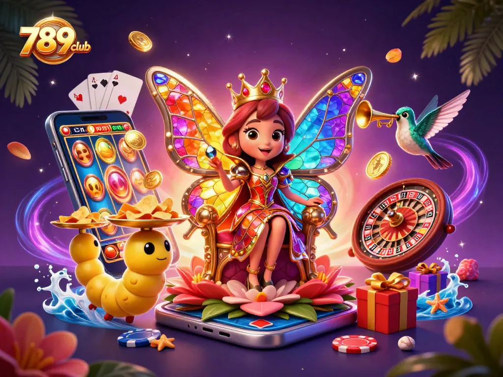 Experience the vibrant world of 789club as the butterfly queen presides over a rich casino scene filled with excitement.